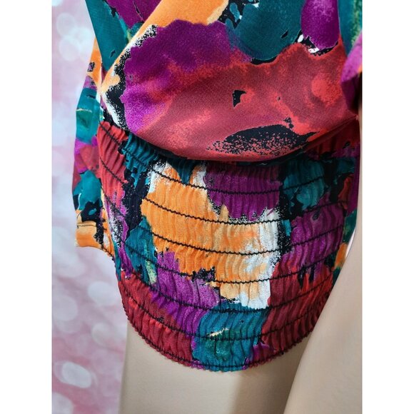 Vintage 80s Carole Little Floral Flutter Sleeve Top Size L Rayon Crepe Faux Wrap - Picture 5 of 11